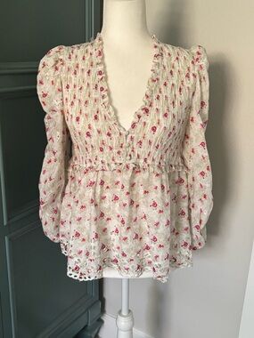 Anthropologie Ruched-Sleeve Smocked Blouse- NWOT